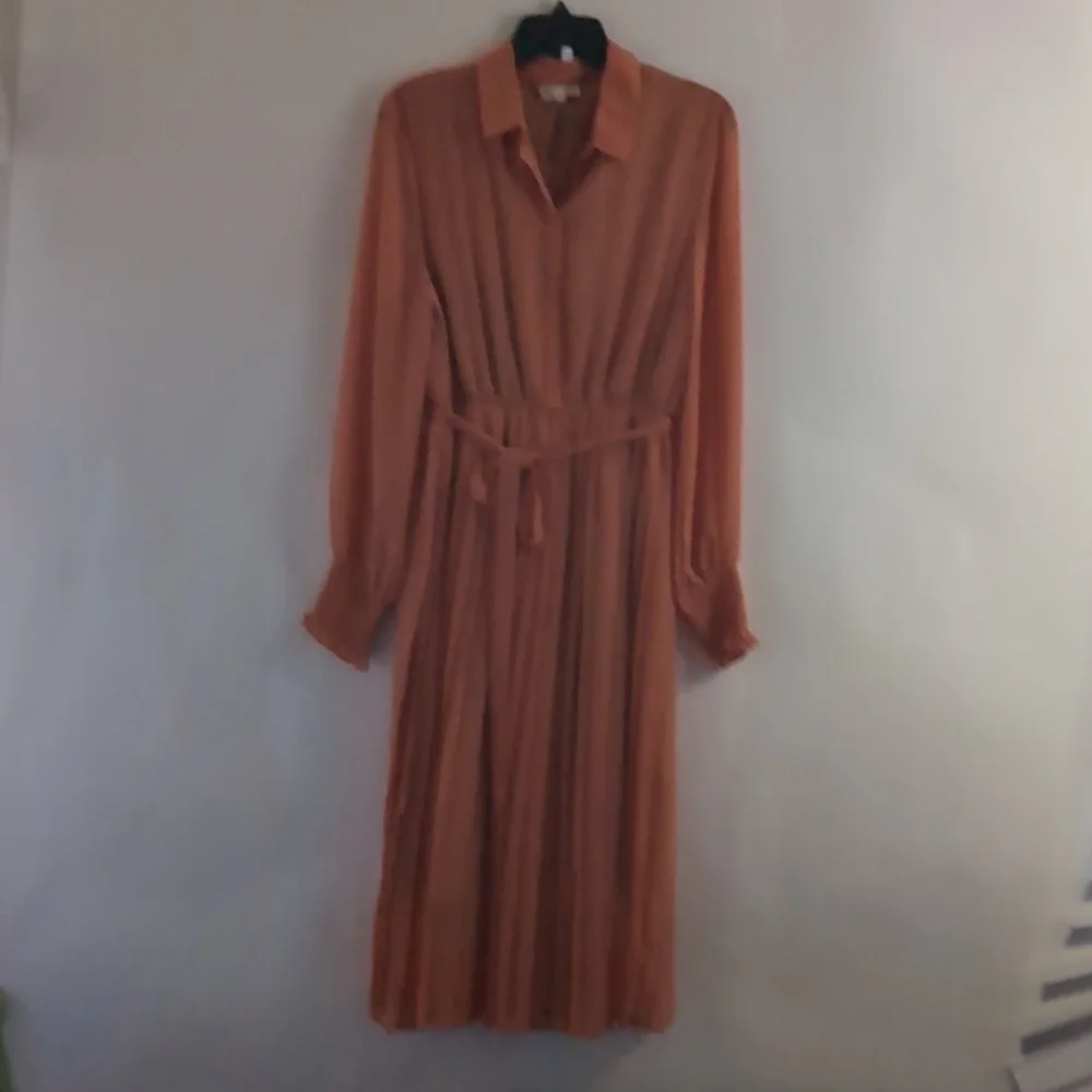 MELLO DAY Women's Orange Half Button Dotted Dress With Belt Size Large